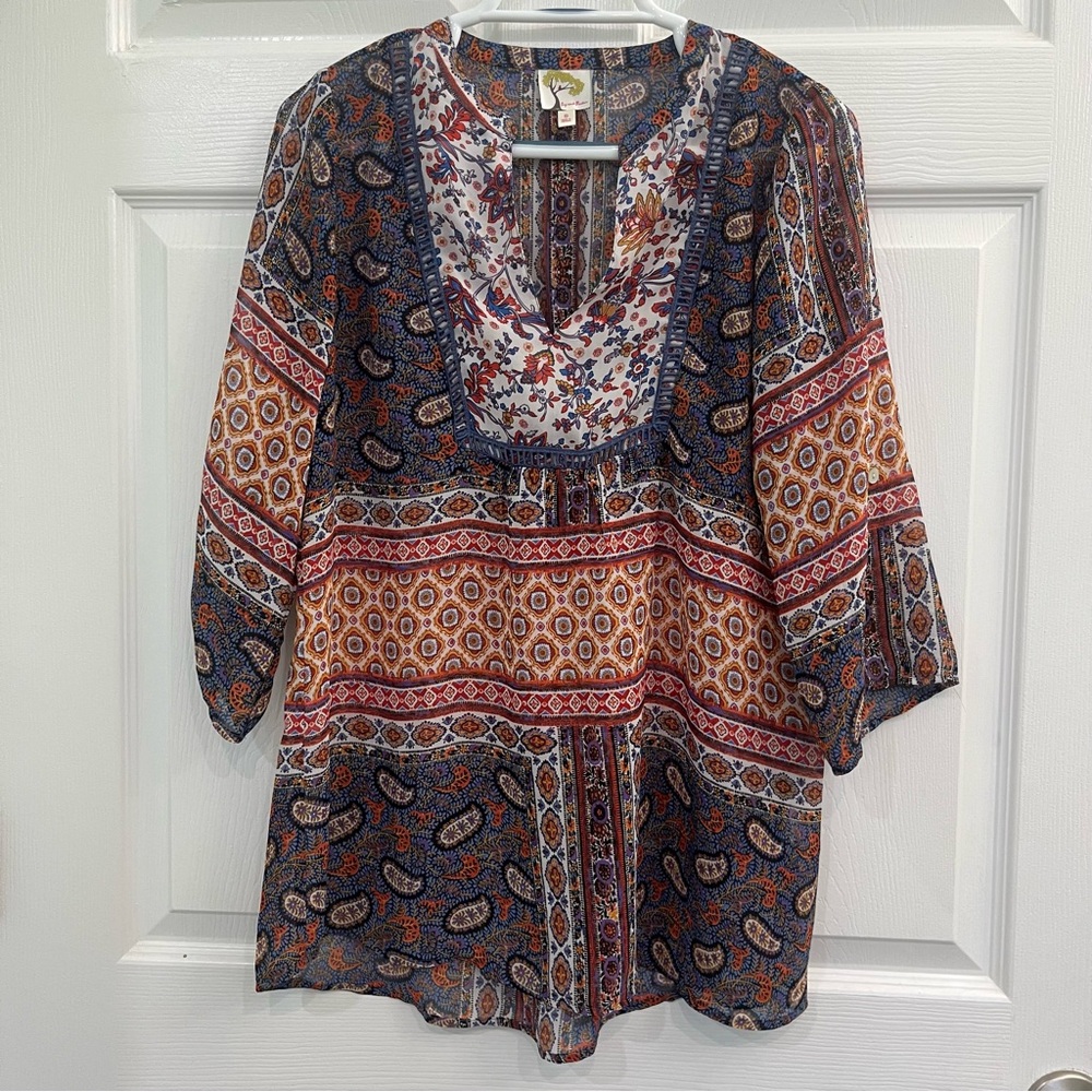 Fig & Flower Anthropology Blue Orange Sheer Paisley Women's Blouse Shirt Top